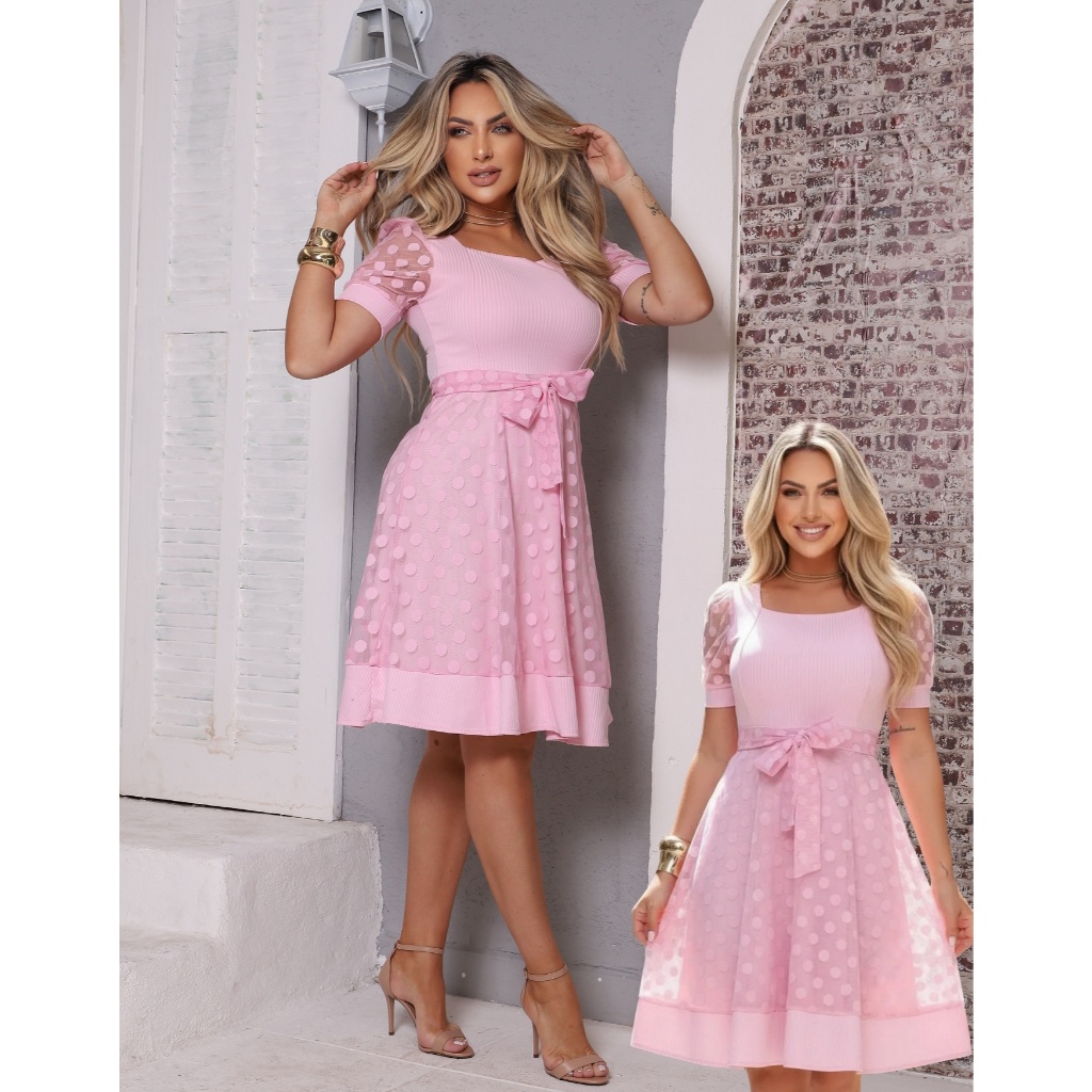 Vestido Midi Gode Canelado Com Tule Manga Bufante Acompanha Laço Para Amarrar em Oferta na Shopee