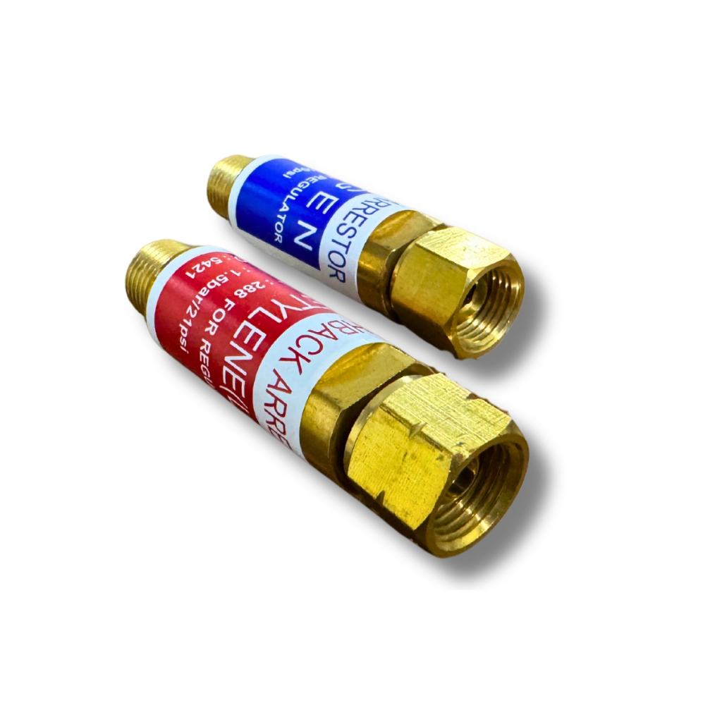 Kit c/ 2 Válvulas Seca Corta Chama p/ regulador de pressão (garrafa) Oxigênio/Acetileno ou Oxigênio/GLP