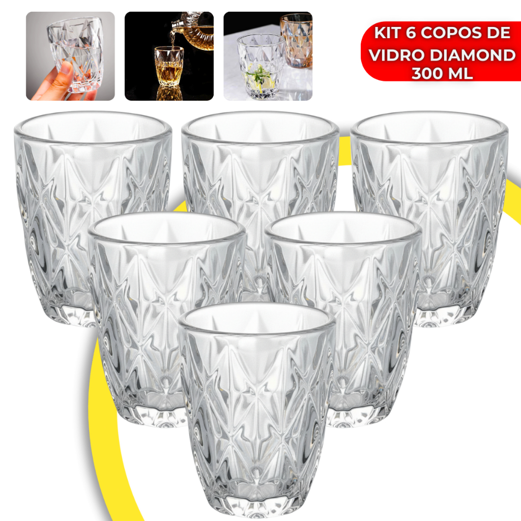 Jogo 6 Copos Diamond 300ml Vidro Grosso Diamante Luxo Transparente Resistente Moderno Elegante em Oferta na Shopee