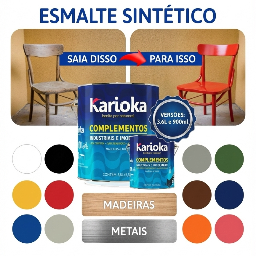 Esmalte Sintético Karioka Brilhante p/ Metal e Madeira - Várias Cores Nos Tamanhos 3,6L e 900ml