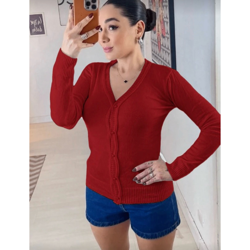 Casaco Tricot Lisa Com Botões Elastano em Oferta na Shopee