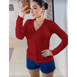 Casaco Tricot Lisa Com Botões Elastano em Oferta na Shopee