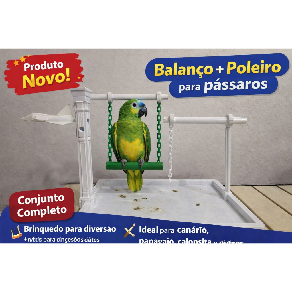 Brinquedo para Pássaros Balanço + Puleiro com Bandeja | Acessório para Papagaio, Calopsita e Canário