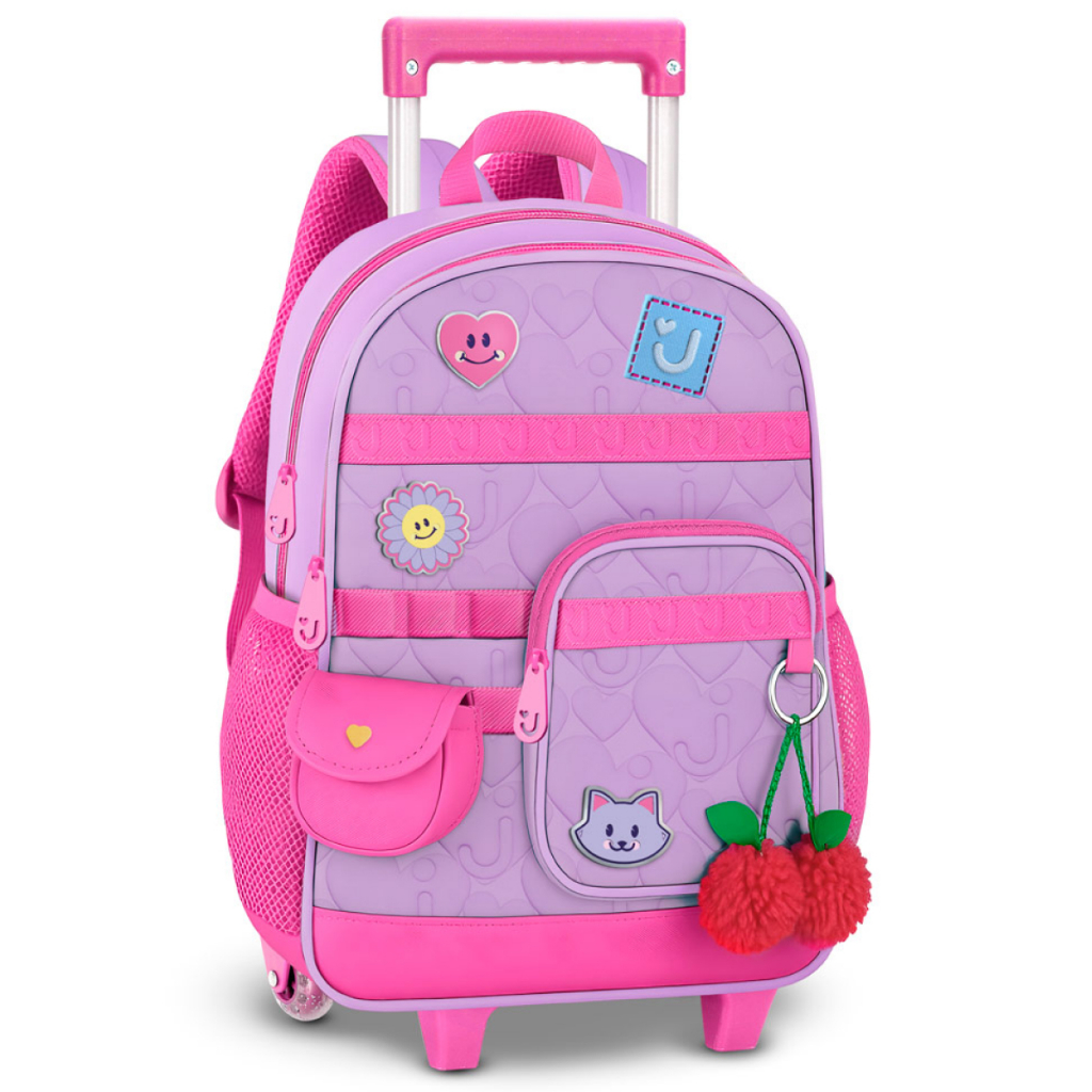 Mochila de Rodinhas Juju Teófilo Menina Escolar Rosa com Compartimentos Espaçosos Clio