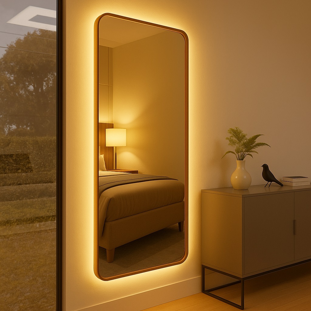 Espelho Retangular 170X70 Moldura Metal Com Led Bivolt Quarto 3 Tons Quente 3000K Neutro 4000k Frio 6000k 240 Lúmens