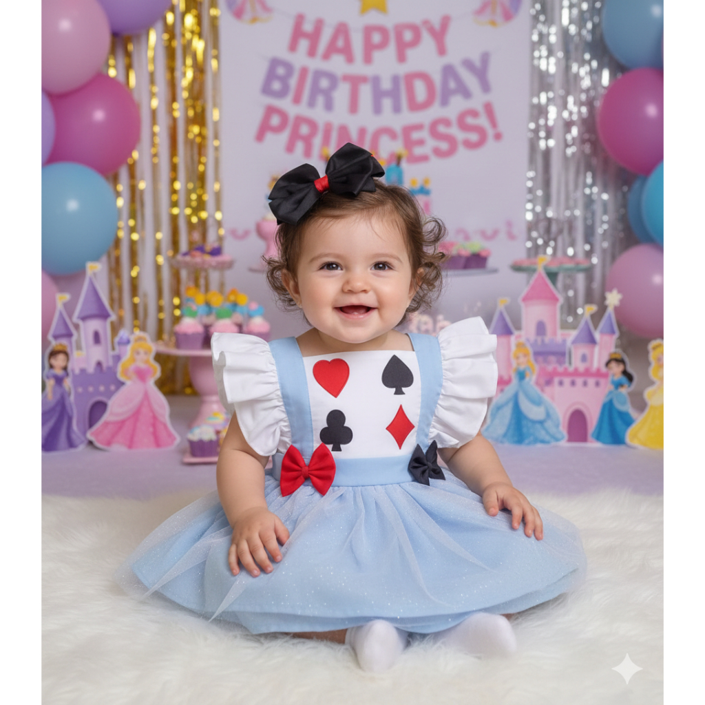 Romper Body com tule Princesa alice no País das Maravilhas Mesversario Aniversário menina infantil