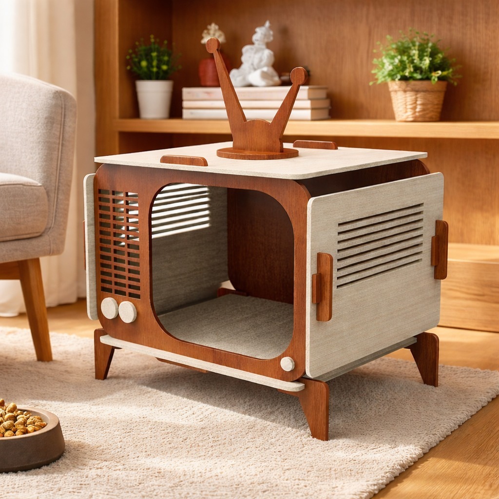 Casinha Retrô para Gatos em MDF 6mm – Casa de Madeira Estilo Televisão Antiga