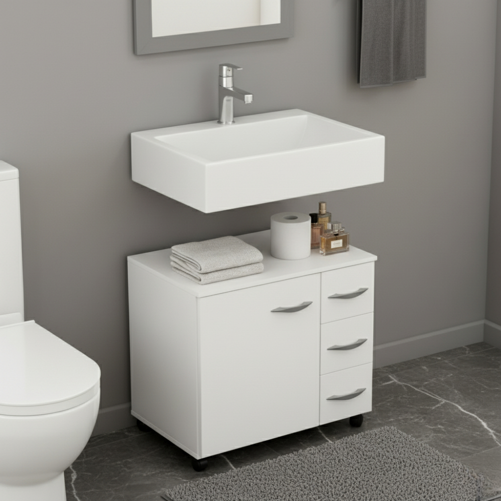 Gabinete Banheiro 60cm 1 Porta 3 Gavetas Rodízios Branco MDF Sob Pia Lavabo Organizador Compacto