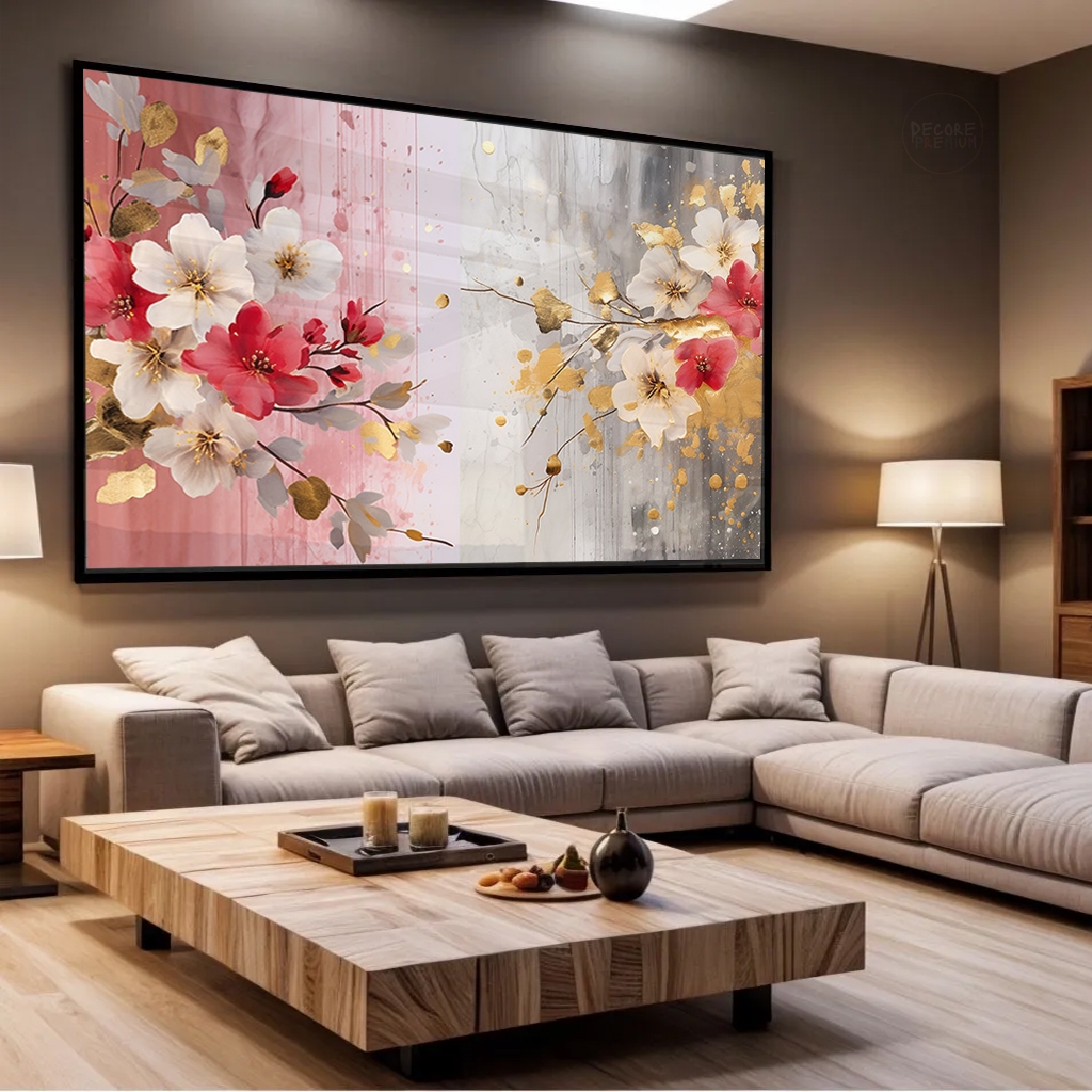 Quadro Decorativo Sala Quarto Floral Rose Gold e Cerejeiras Luxo Grande Formato Horizontal Fine Art Tela Canvas