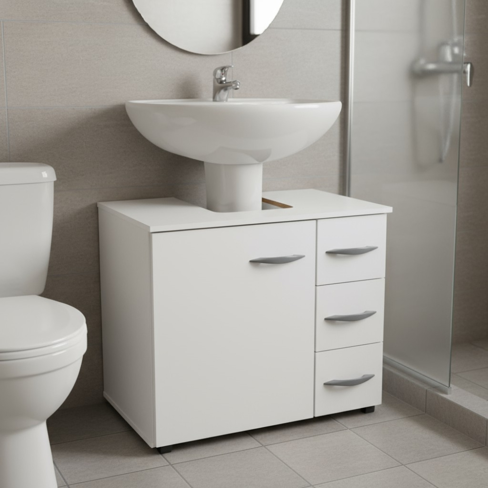 Gabinete Banheiro 60cm 1 Porta 3 Gavetas Rodízios Branco MDF Encaixe Pia Lavabo Organizador Compacto