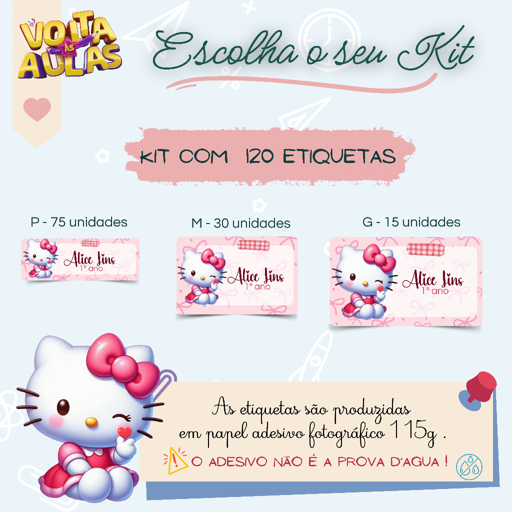 Kit 120 Etiquetas Escolar HELLO KITTY | Adesivos Personalizados | Volta as aulas | Material Escolar em Oferta na Shopee