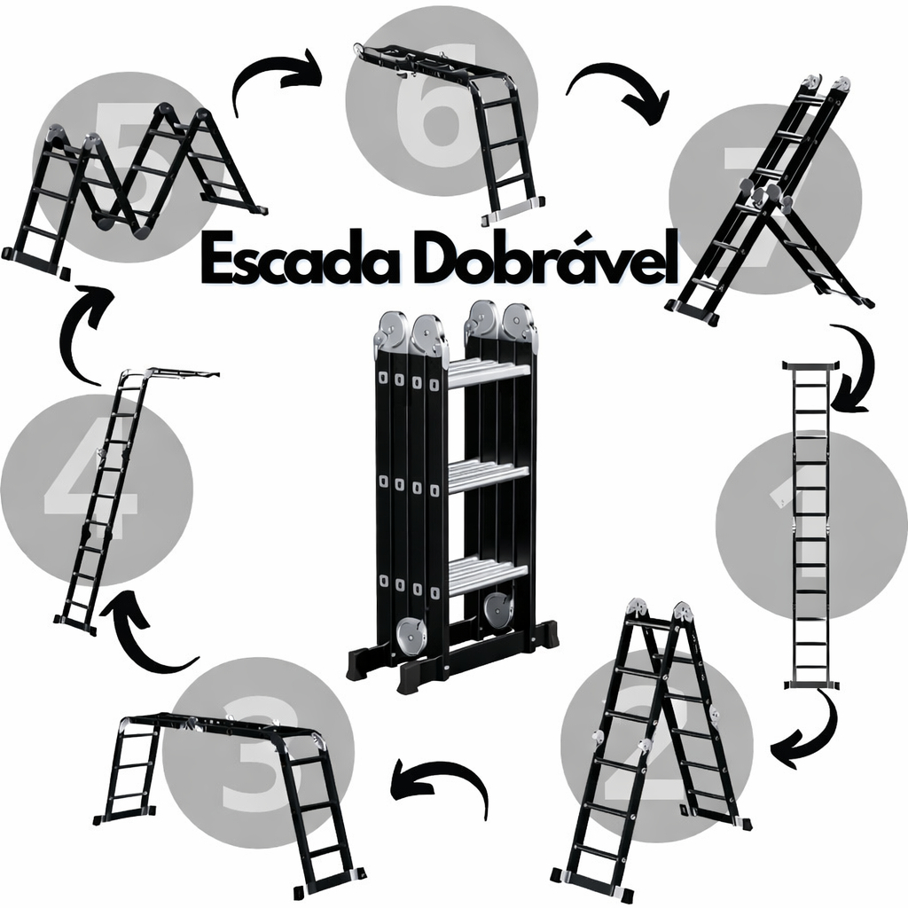 Escada Dobrável Articulada de Alumínio 20 Degraus 6,20 Metros Antiderrapante e Segura