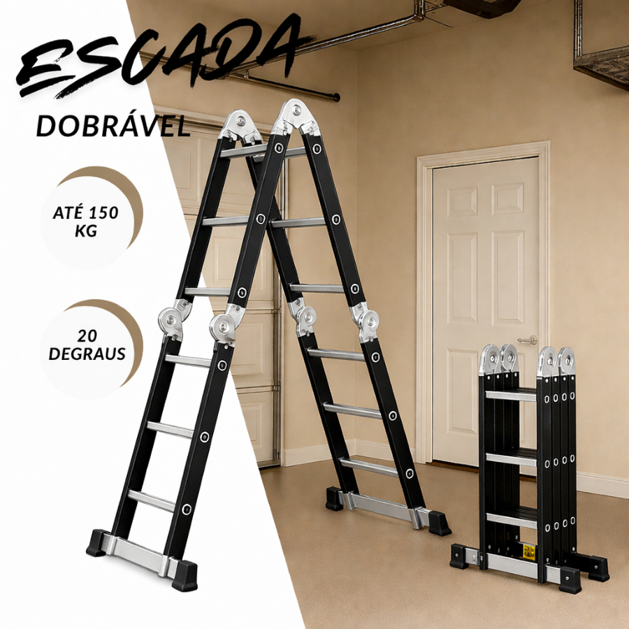 Escada Dobrável de Alumínio 20 Degraus 6,20m Articulada para Casa, Obra e Escritório