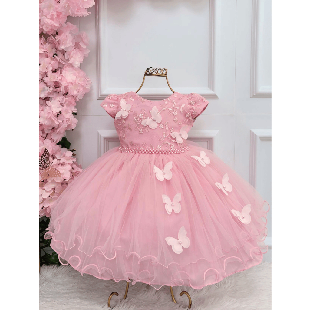 Vestido Festa Infantil C/ Aplique Borboletas Luxo - Várias Cores - 1.2.3.4 em Oferta na Shopee