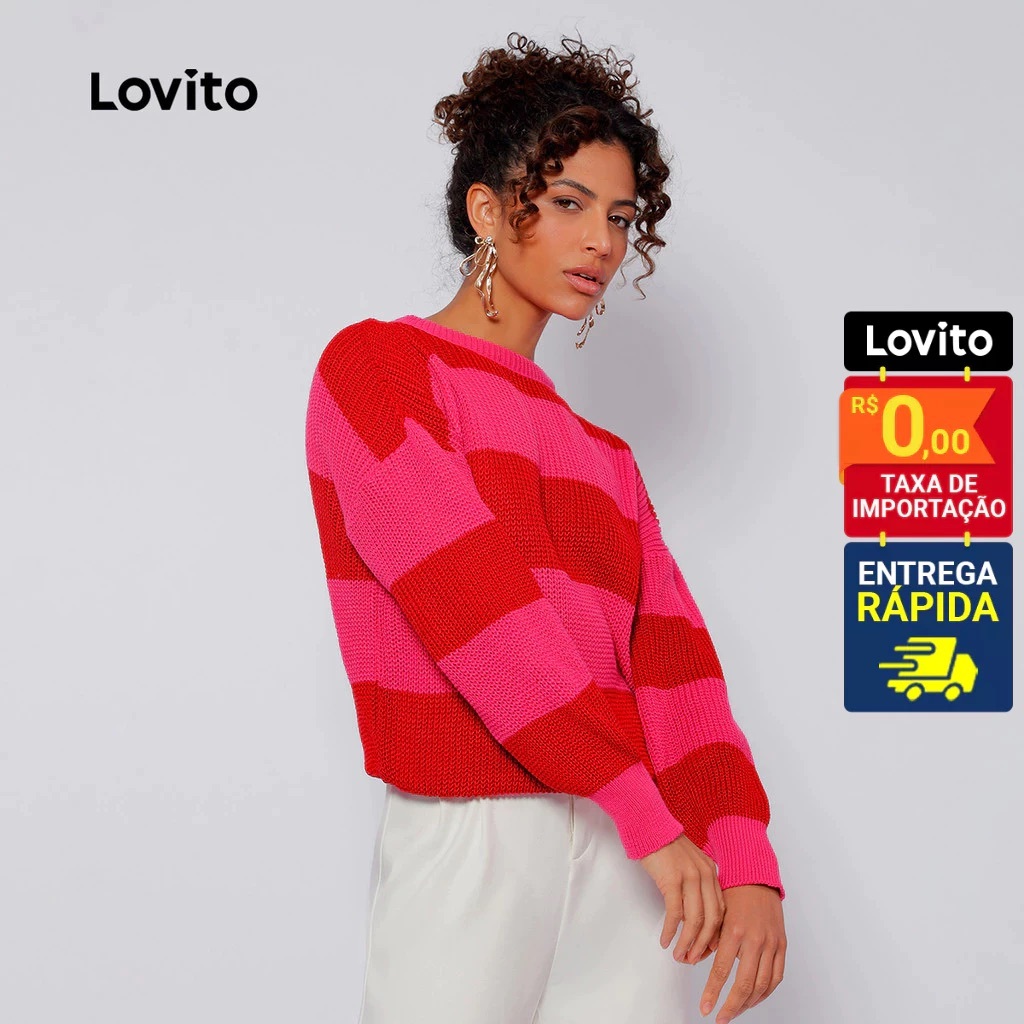 Lovito Sueter Tricot Listrado Manga Longa Feminino Basico SWB863BRL893