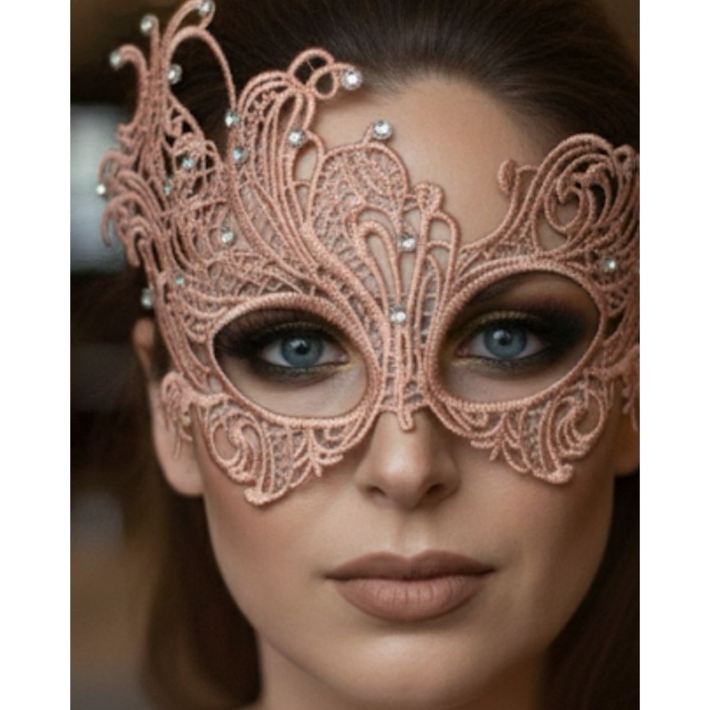 Máscara Rosê Bordada com Strass para Festa Baile Fantasia Luxo eventos