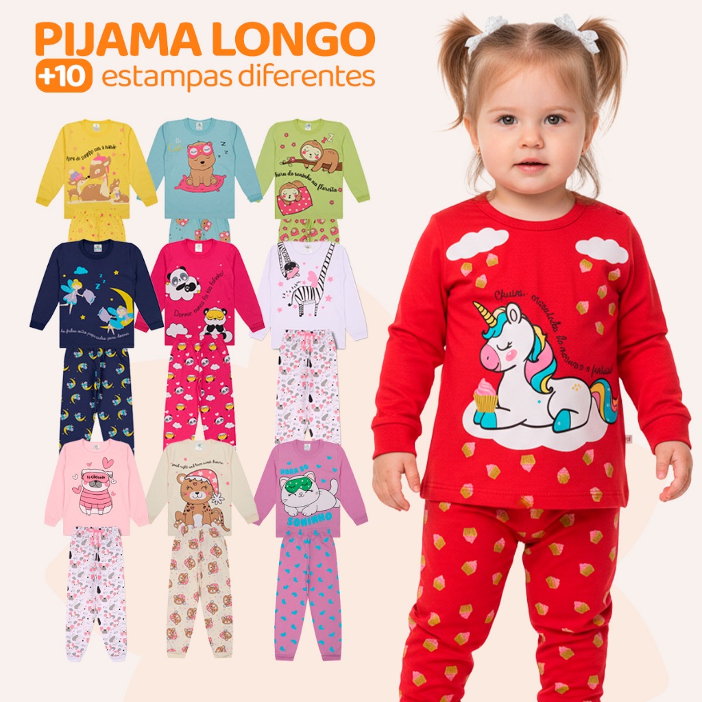 Kit Sortido 4 Peças Pijama Infantil Bebê Menina Manga Longa (2 Camisetas + 2 Calças) Tamanho 1 ao 10