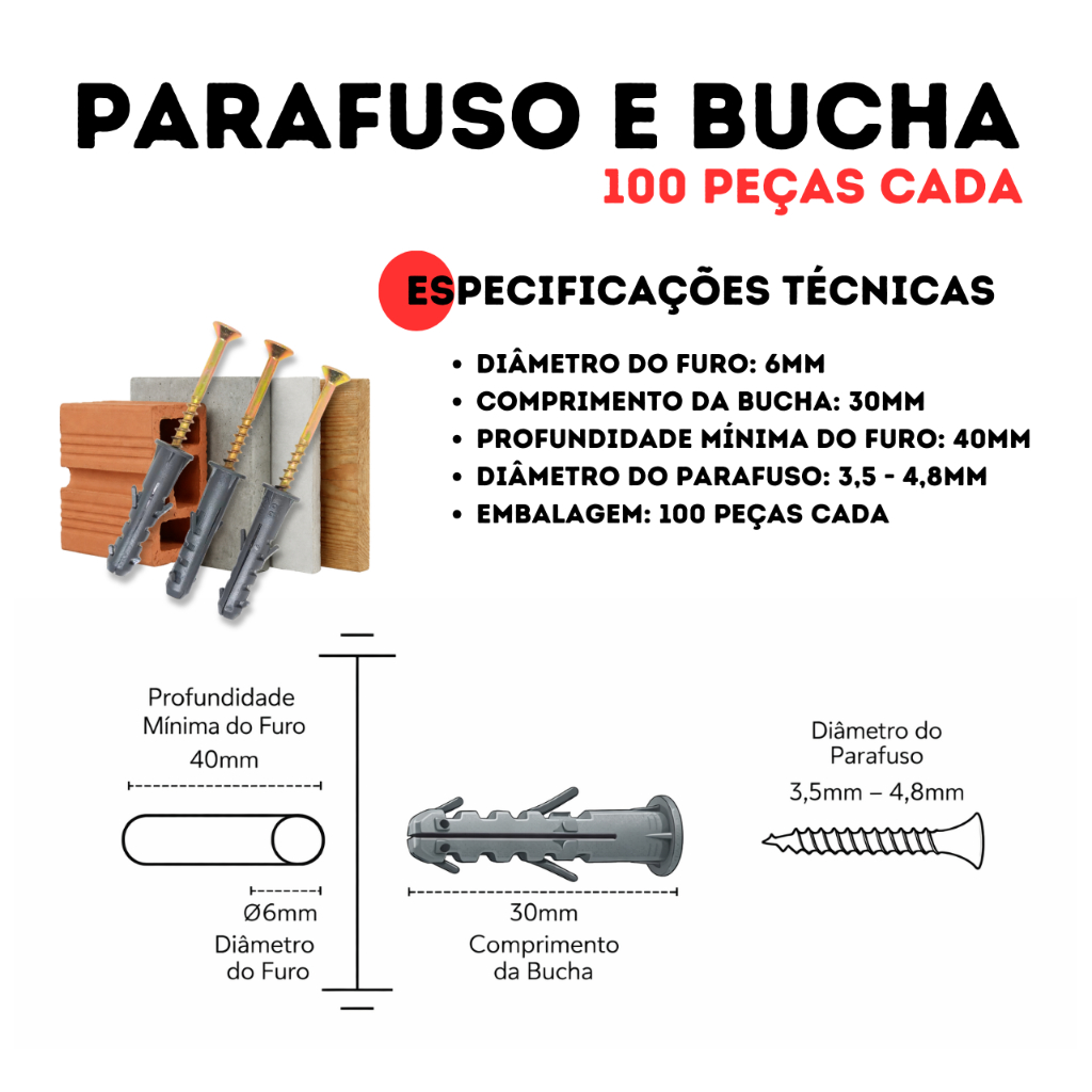 6 mm para Parede – Kit 200 Peças 100Parafuso 3,5 x 40 mm com Bucha  Parafusos + 100 Buchas com Anel