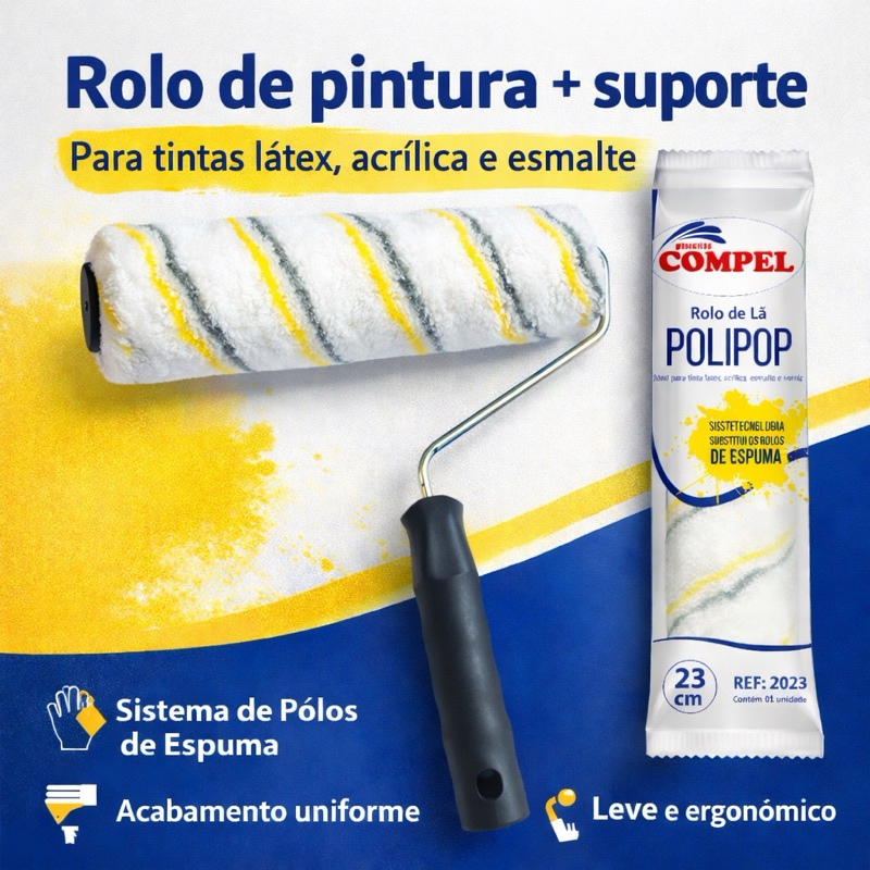Rolo P/ Pintura 23cm Lã Polipop C/ Suporte Ideal Superfícies Lisas em Oferta na Shopee