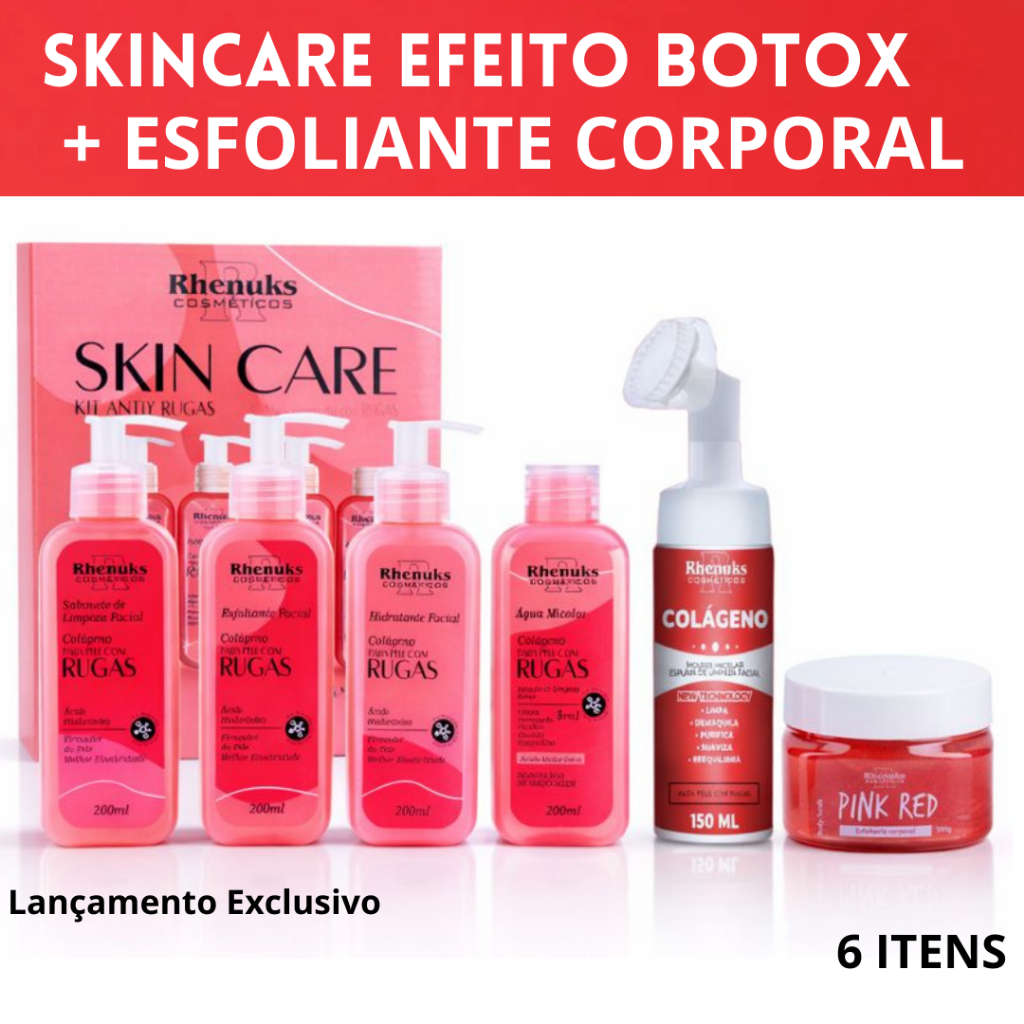 Skincare Anti Rugas+Mousse Micelar Limpeza Facial Colágeno+Body Scrub Esfoliante Corporal Rhenuks em Oferta na Shopee