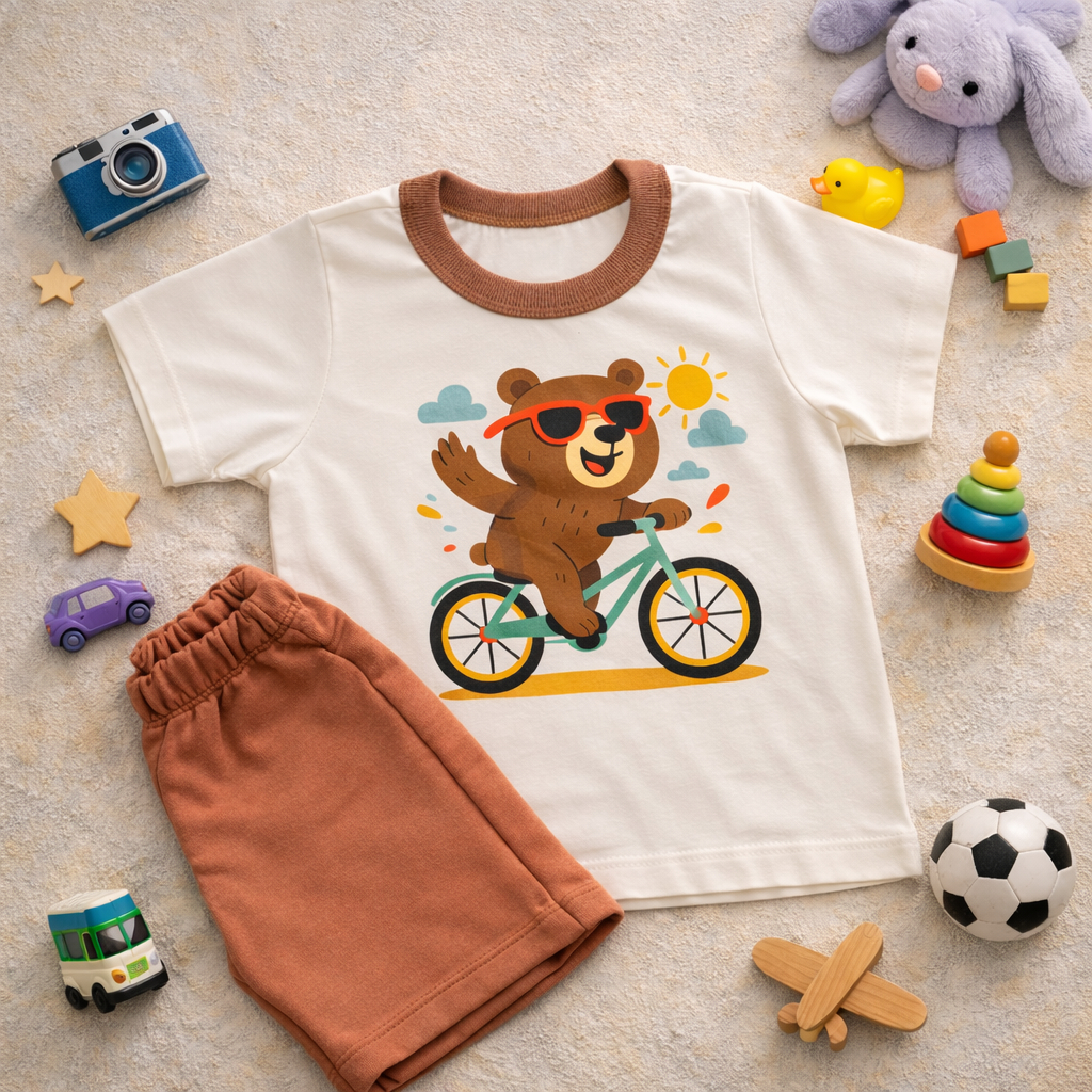 Conjunto Verão Infantil com Camiseta e Bermuda Minimalista Estiloso - Urso na Bicicleta