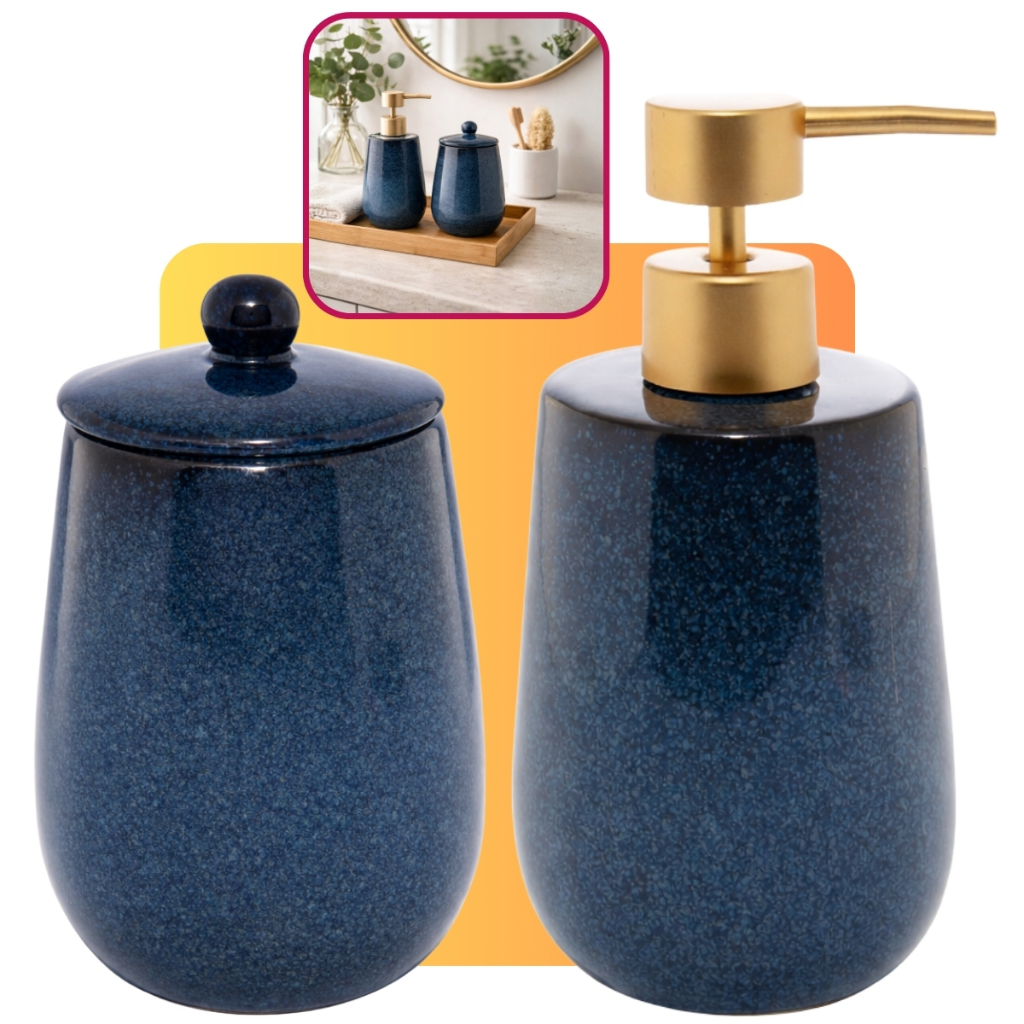Kit Lavabo De Pia Banheiro 2 Peças Cerâmica Luxo Reactive Lyor Azul Com Detalhe Dourado Moderno em Oferta na Shopee