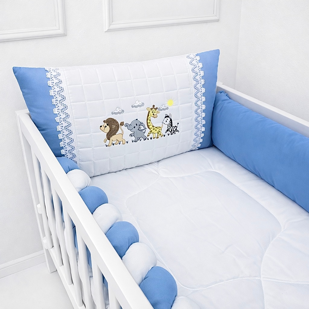 Kit Berço Azul Menino Safari - 100% 400 Fios -  Delicado - Confortável - Jogo Afeto 9 Peças