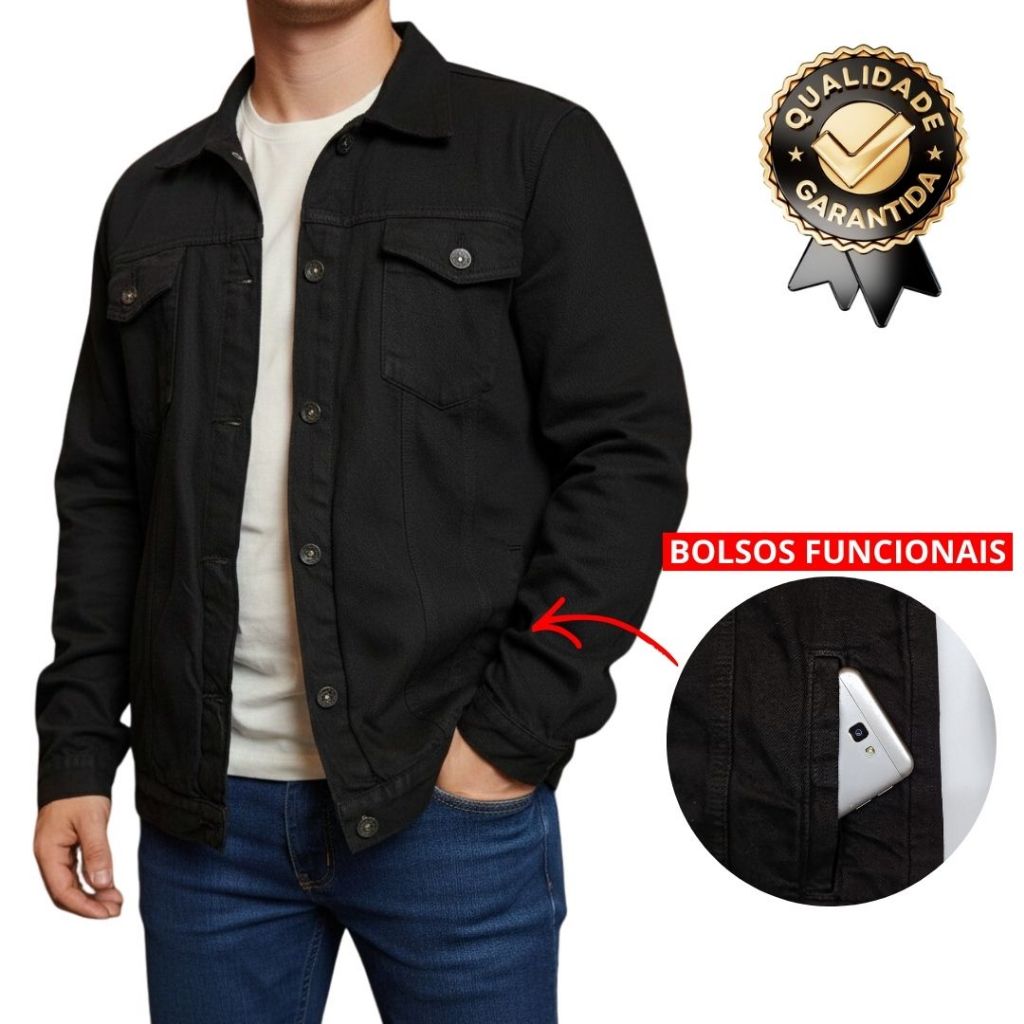 Jaqueta Jeans Preta Oversize Masculina com Bolsos Funcionais Estilo Casual Urbano Trabalho Escolar