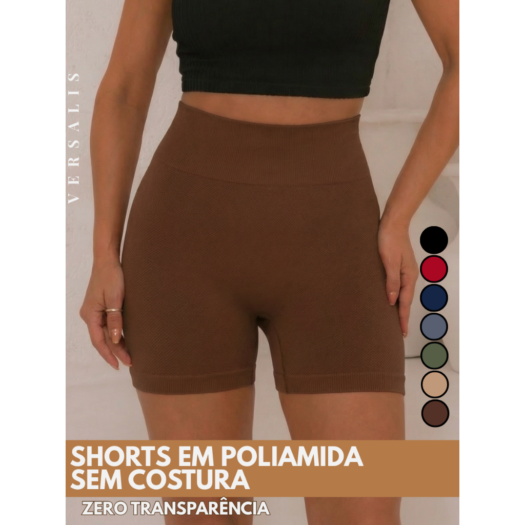 Shorts Sem Costura Poliamida Feminino Cintura Alta Seamless Uso Academia Fitness Zero Transparencia