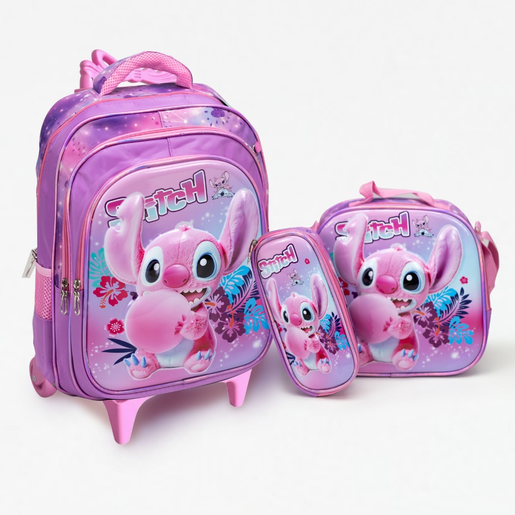 Mochila Escolar Stich, Carrinho, com Estojo, Lancheira e Caneta Pompom Volta às Aulas