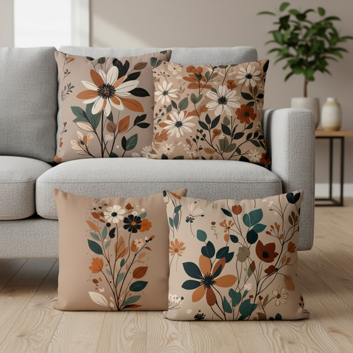 Kit 4 Capas de Almofadas Decorativas 45x45 - Floral Marrom