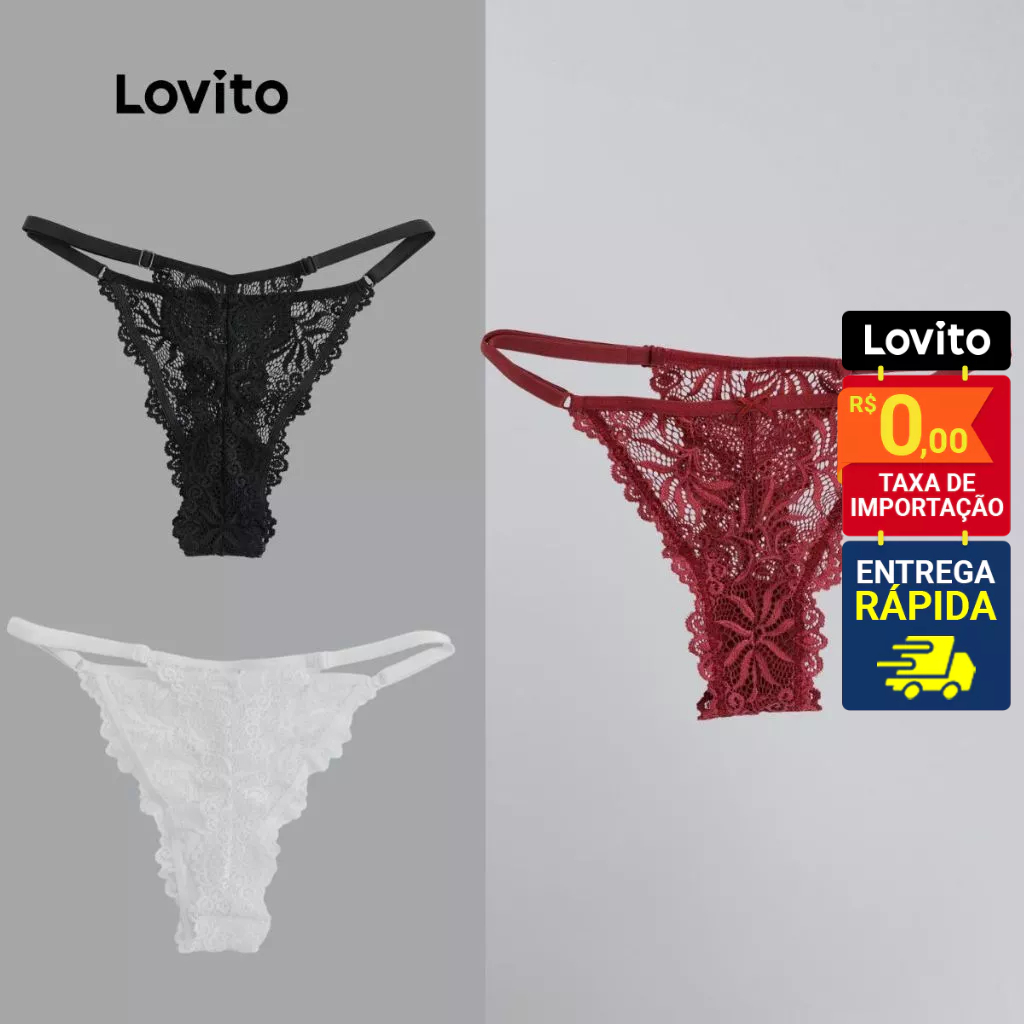 Lovito Kit Com Três - 3 Calcinhas de Renda String PAB804BRL834 em Oferta na Shopee