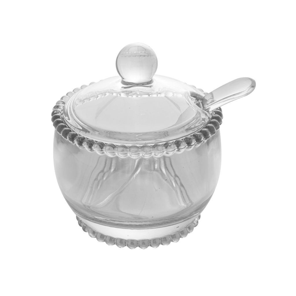 Açucareiro de Vidro com Colher Cristal Bolinhas Pearl Transparente