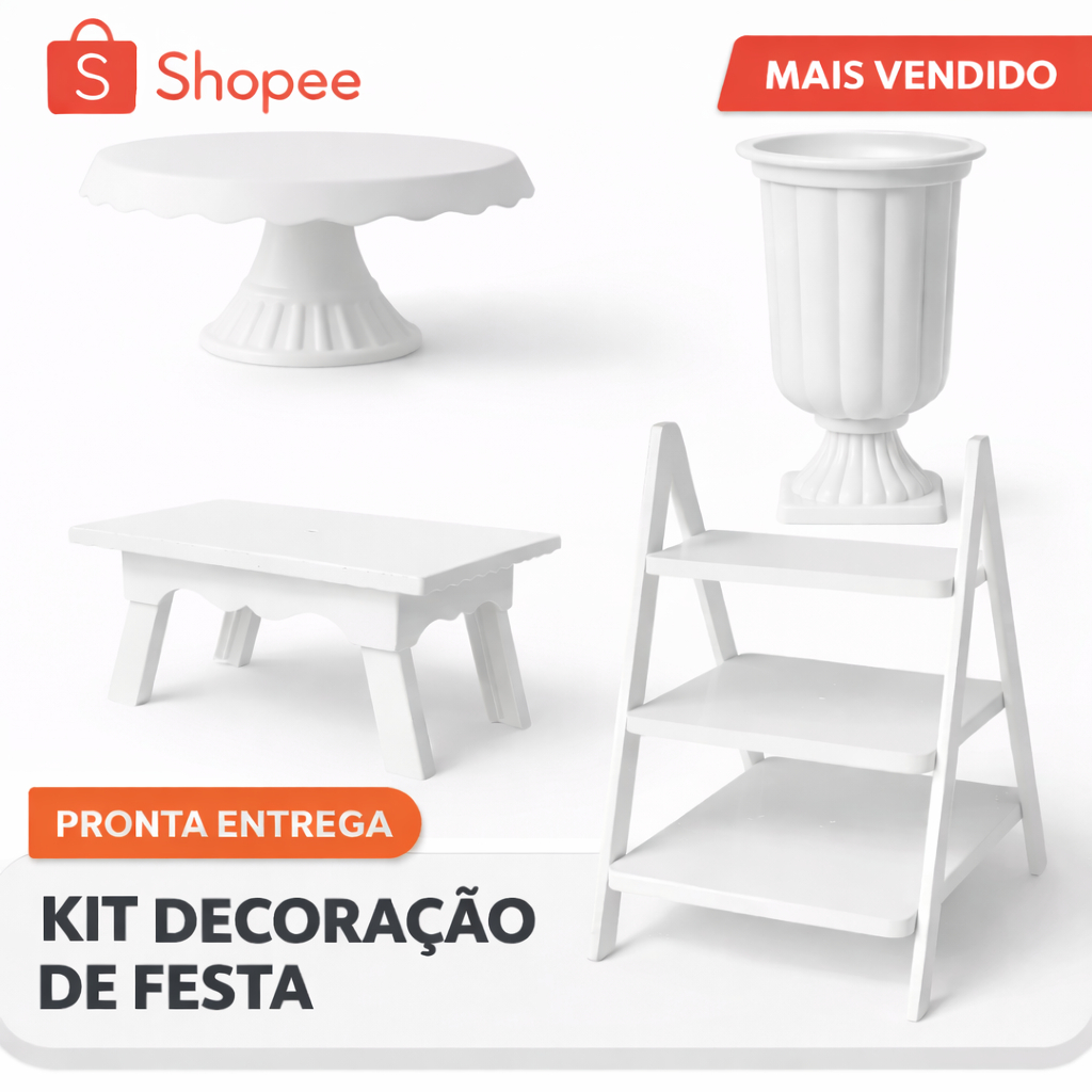 Kit Decoração de Festa Branco 4 Peças Boleira Mesinha Escadinha Vaso Expositor Mesa Doces