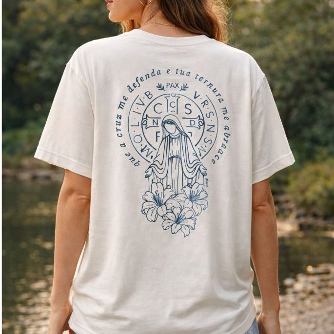 Camisa Religiosa Nossa Senhora Manto e Cruz Sagrada Ave Maria 100% Algodão Blusa Unissex em Oferta na Shopee