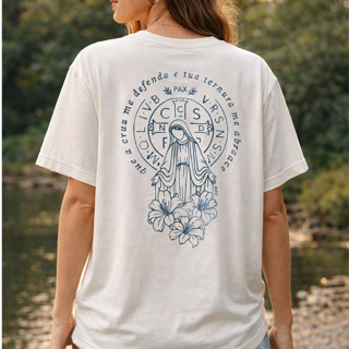 Camisa Religiosa Nossa Senhora Manto e Cruz Sagrada Ave Maria 100% Algodão Blusa Unissex em Oferta na Shopee