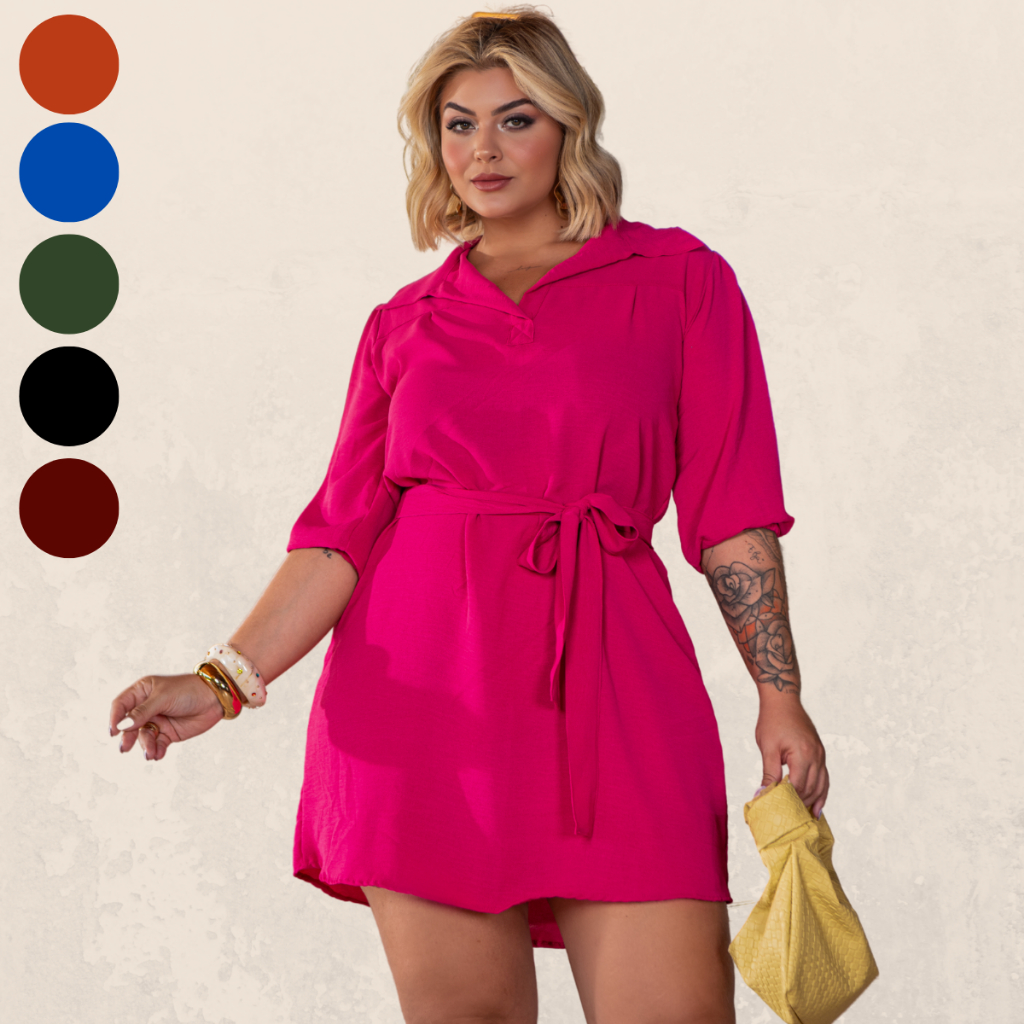 Vestido Chemise plus Size Feminino Manga 3/4 Tecido Duna/Cintura Ajustavel/Não encolhe/Moda Casual em Oferta na Shopee