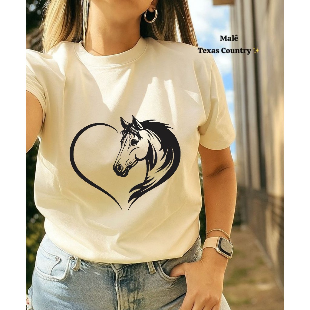Camiseta Baby Look Moda Feminina Estilo Country Coração Cavalo 100% Algodão em Oferta na Shopee