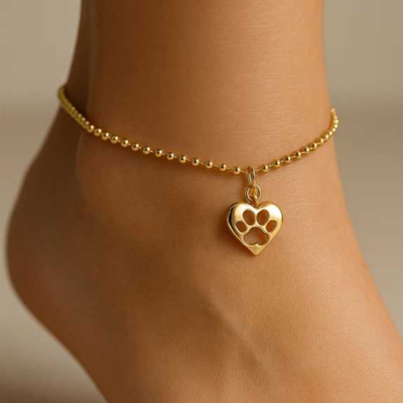 Tornozeleira de coração vazado | Linha Pet | Banho Ouro 18K e Prata 925| Tam: 23 cm + 3 cm extensor