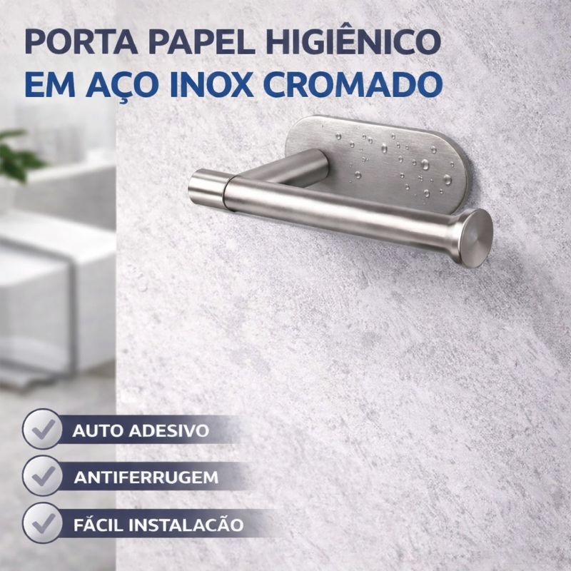 Porta Papel Higiênico em Aço Inox Cromado com Suporte Autoadesivo