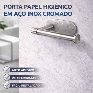 Porta Papel Higiênico em Aço Inox Cromado com Suporte Autoadesivo