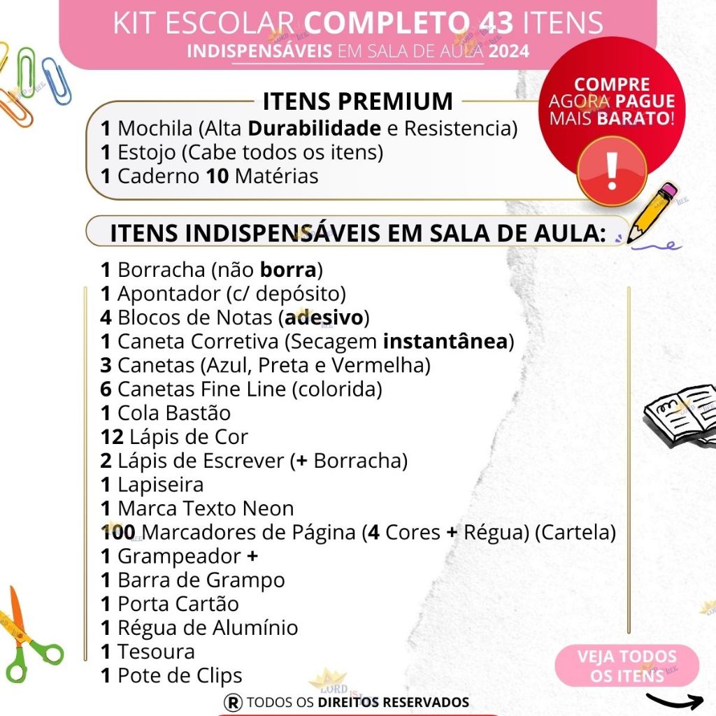 Material Escolar Completo Com Sem Estojo Escolar Feminino Mochila Escolar Feminina Volta As aulas — imagem 2 de 2