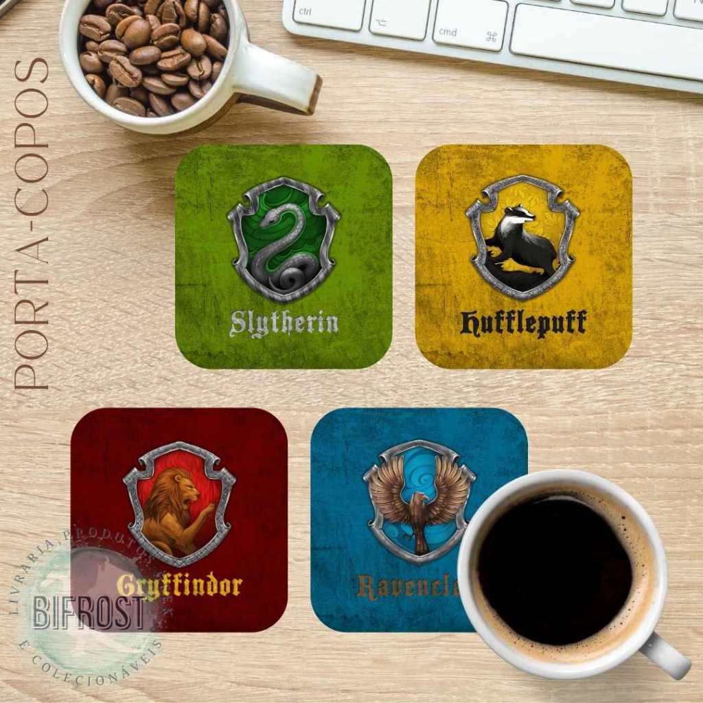 Jogo porta copos Harry Potter Casas Grifinória, Sonserina Corvinal e Lufa-Lufa colecionável otaku