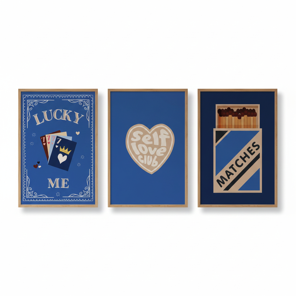Quadros decorativos Azuis coração e caixa de fósforo (3 peças)