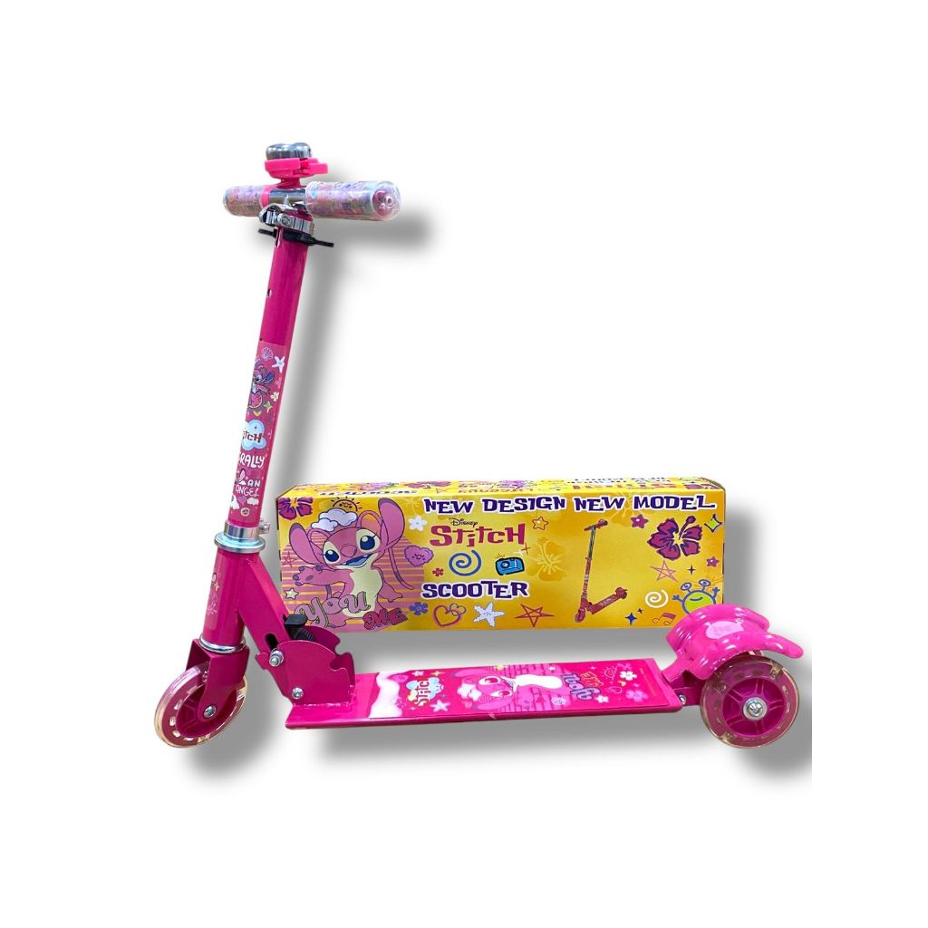 Patinete Infantil Metal Scooter 3 Rodas com Luz de LED e Buzina - Stitch Rosa