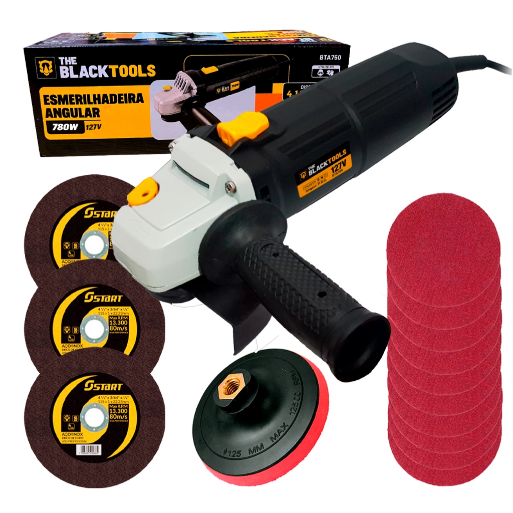 Kit Lixadeira Esmerilhadeira Angular 4.1/2 The Black Tools + Acessórios E Discos De Corte E Lixa em Oferta na Shopee