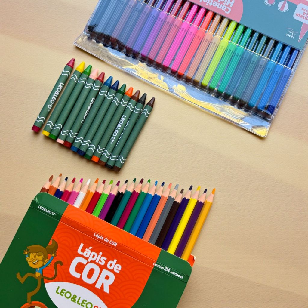 Kit material escolar lápis de cor 24 cores + caneta canetinha hidrográfica 24 cores + giz de cera 12 cores leo leo