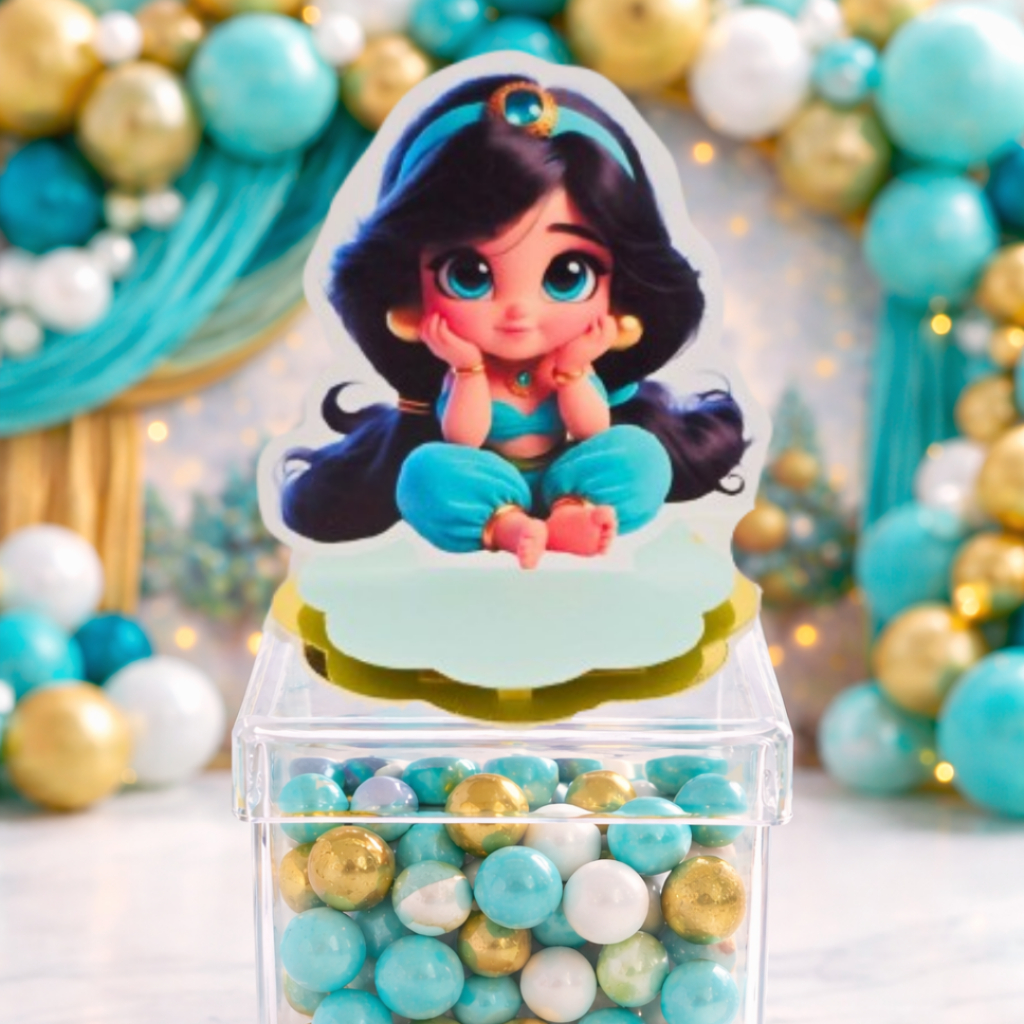 Kit 12 Apliques 3D Princesa Jasmine Baby Cute Tag para Caixa Acrílica Lembrancinha Personalizado