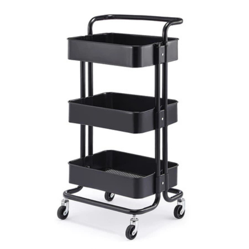 Carrinho Organizador Multiuso 3 Prateleiras e Alça Auxiliar Em Aço Com Rodinha