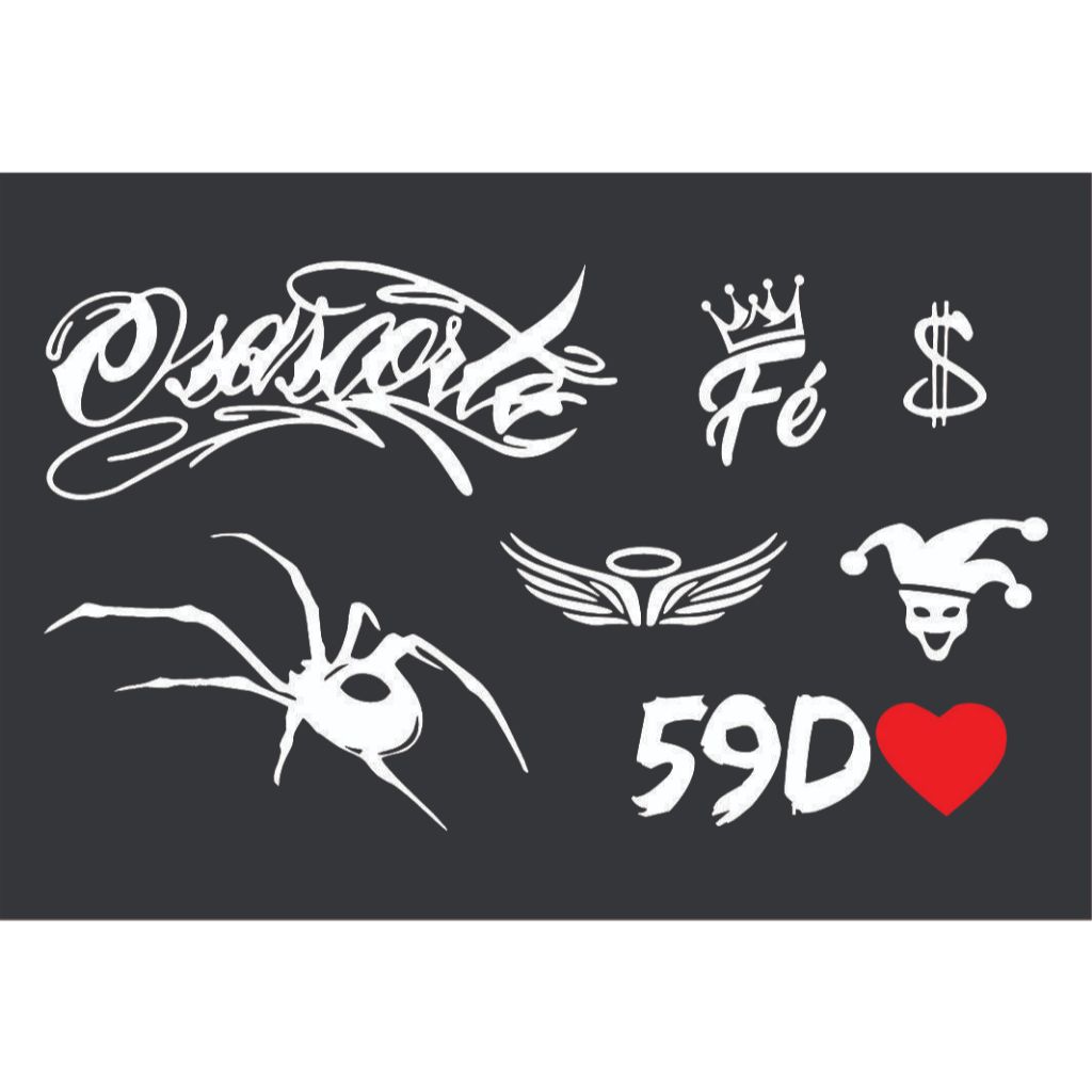 Kit 07 Adesivos, 59D, ARANHA , CIFRÃO, ANJO Moto + OSASCORTE, FÉ + QUIKRR em Oferta na Shopee